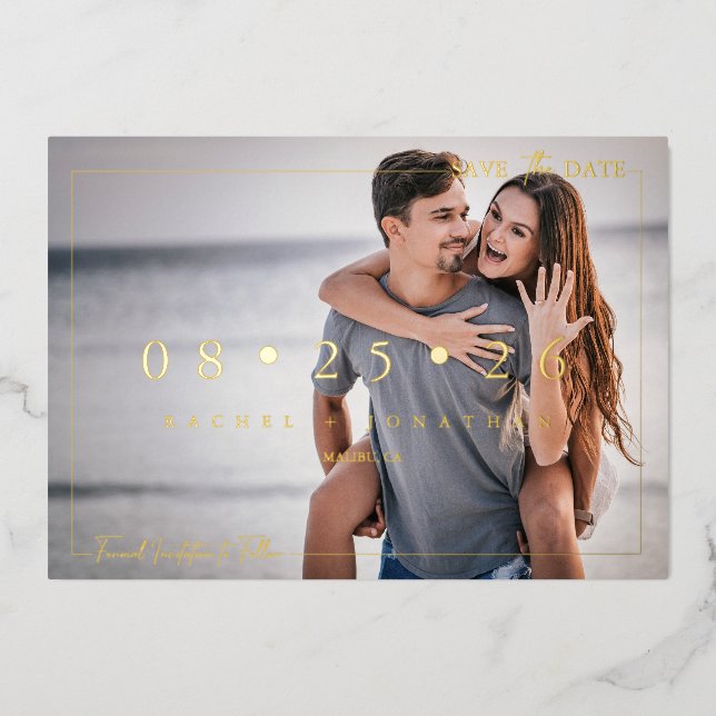 Invitation En Aluminium Script 2 Photo | Enregistrez la Date (Recto)