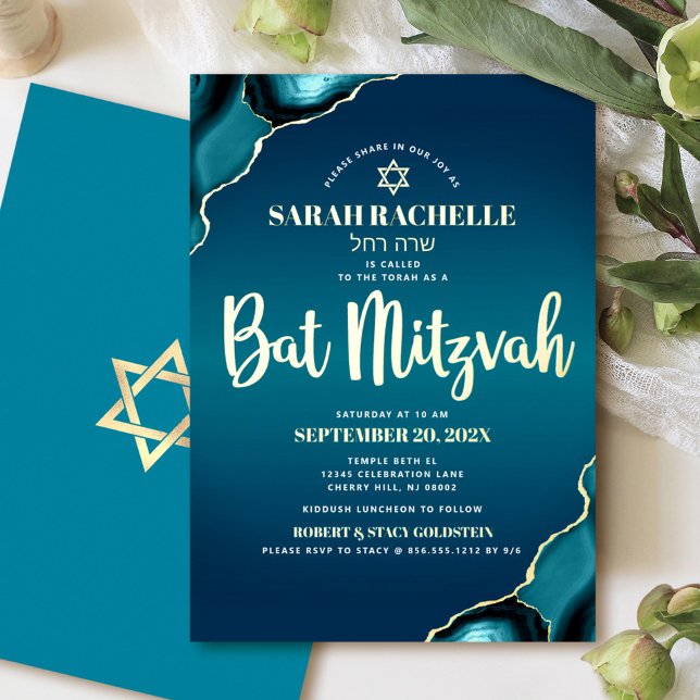 Invitation En Aluminium Script Bat Mitzvah Turquoise Ombré Agate Or Réel (Créateur téléchargé)
