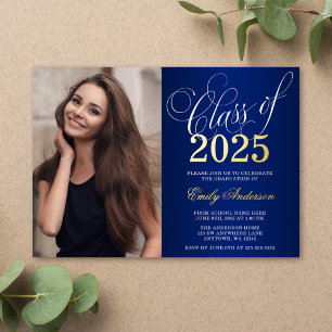 Invitation En Aluminium Script Blue 2025 Photo Graduation Party Gold
