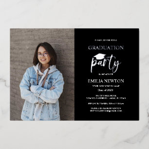 Invitation En Aluminium Script CAP de graduation photo verticale en noir