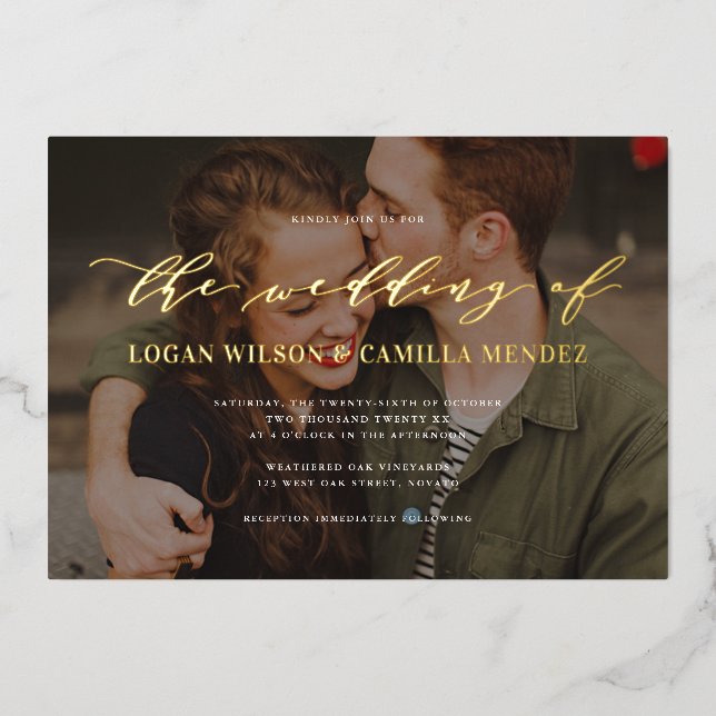 Invitation En Aluminium Script de calligraphie moderne Mariage photo REAL (Recto)