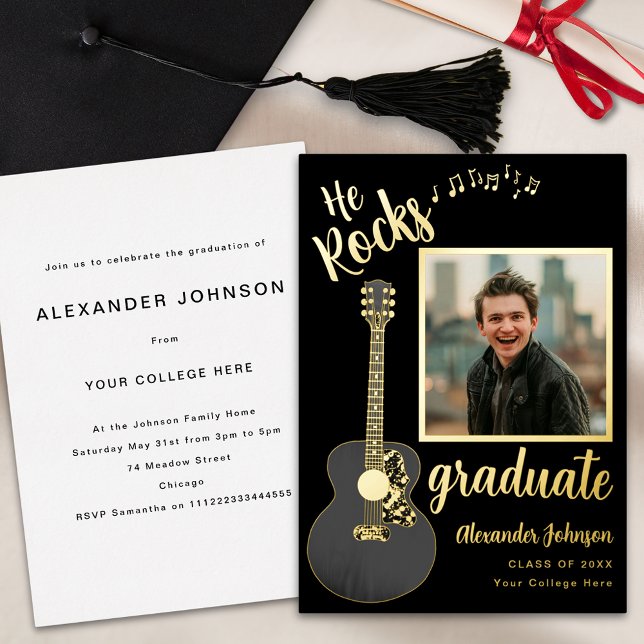 Invitation En Aluminium Script de photo de remise de diplômes moderne et a (Cool guitar music modern black and gold foil script graduate photo graduation party invitation)
