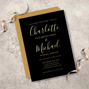 Invitation En Aluminium Script de signature Mariage Noir et Or
