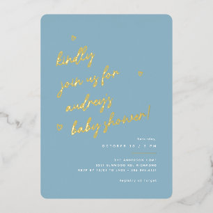 Invitation En Aluminium Script Doré Baby-Showing Moderne Garçon Bleu Cla