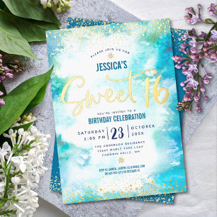 Invitation En Aluminium Script Douze Ans Turquoise Aquarelle Or Réel