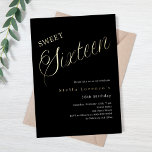 Invitation En Aluminium Script en or noir luxe Sweet 16<br><div class="desc">Une invitation Sweet 16 moderne. Arrière - plan noir classique et le mot Seize écrit avec de grandes lettres en faux or. Personnalisez et ajoutez un nom et des détails du parti. Texte blanc.</div>