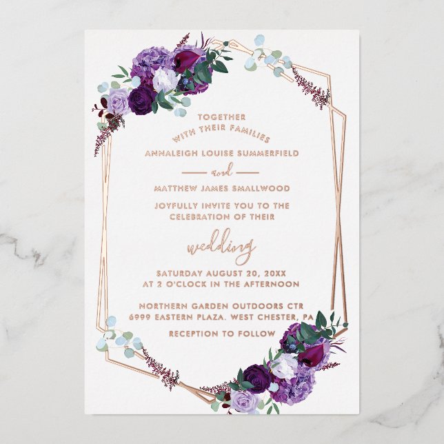 Invitation En Aluminium Script Floral violet Mariage géométrique Rose or (Recto)