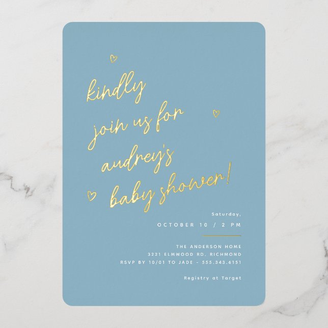 Invitation En Aluminium Script Gold | Baby shower de garçon bleu clair mod (Recto)