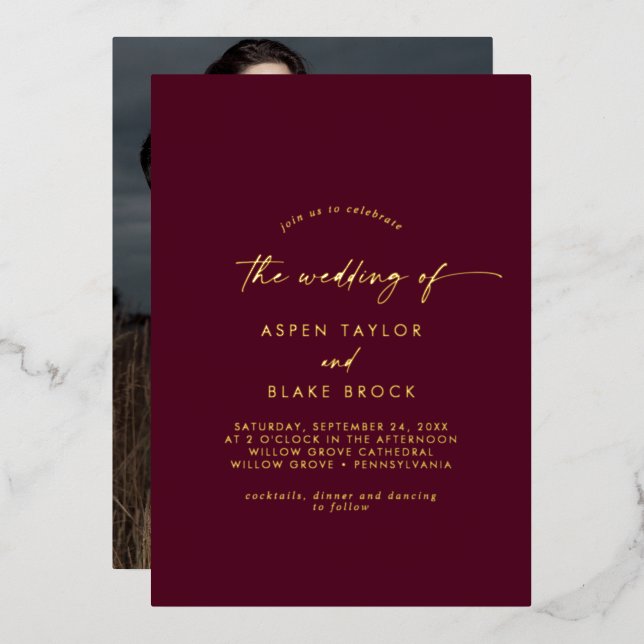 Invitation En Aluminium Script Gold Foil | Mariage photo Bourgogne (Recto/Verso)