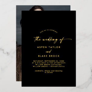 Invitation En Aluminium Script Gold Foil   Mariage photo noir
