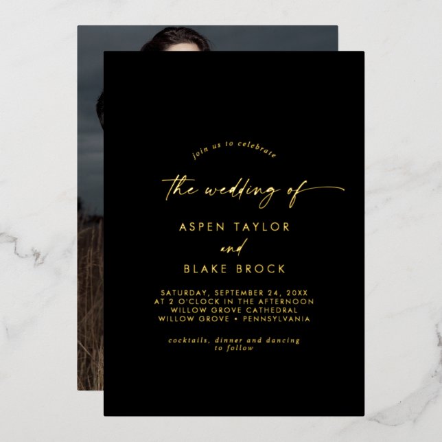 Invitation En Aluminium Script Gold Foil | Mariage photo noir (Recto/Verso)