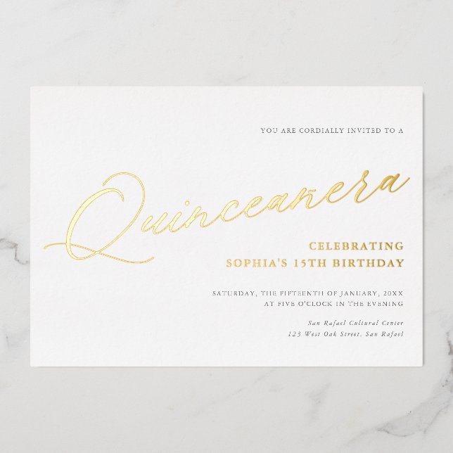 Invitation En Aluminium Script gracieux Quinceañera Anniversaire Party Gol (Recto)