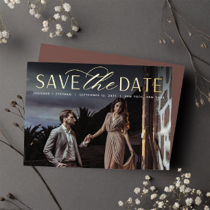 Invitation En Aluminium Script lisse   Photo unique Enregistrer la date