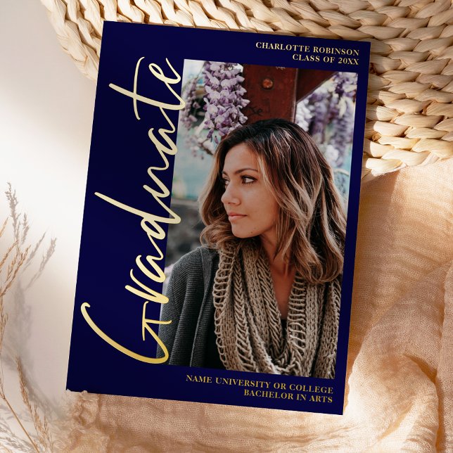 Invitation En Aluminium Script marine or diplômé 4 photos graduation (Créateur téléchargé)