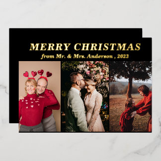 Invitation En Aluminium Script minimal trois photo noir Joyeux Noël