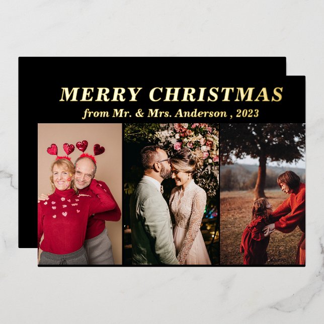 Invitation En Aluminium Script minimal trois photo noir Joyeux Noël (Recto/Verso)