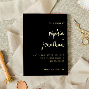 Invitation En Aluminium Script Minimaliste Mariage Noir et Or
