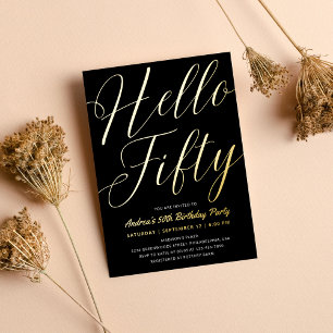 Invitation En Aluminium Script minimaliste Noir Hello Cinquante Anniversai