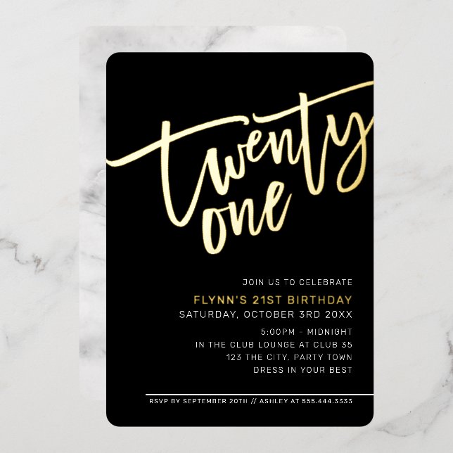 Invitation En Aluminium SCRIPT MODERNE 21e anniversaire fête noir blanc (Recto/Verso)