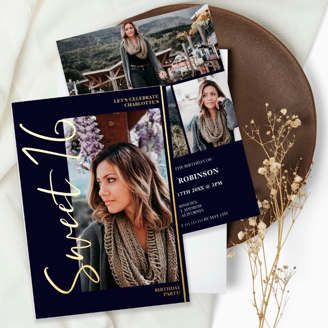 Invitation En Aluminium Script moderne 4 photos noir Sweet 16 or (Créateur téléchargé)