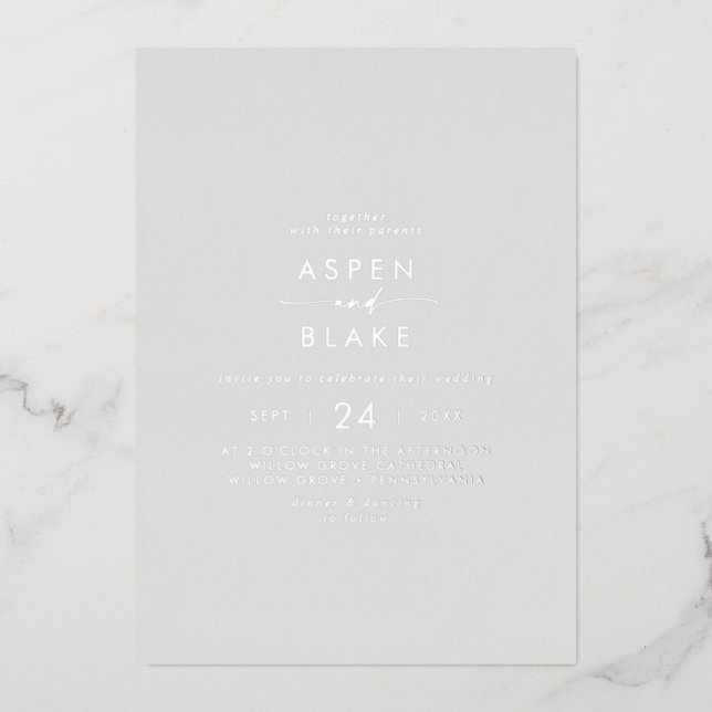 Invitation En Aluminium Script moderne à huile d'argent | Mariage Décontra (Recto)