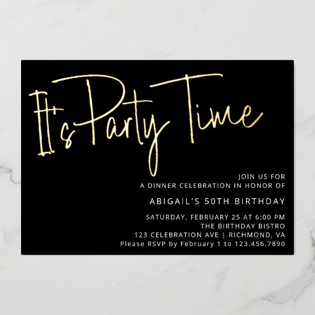 Invitation En Aluminium Script moderne Black Gold Anniversaire Fête Heure (Recto)
