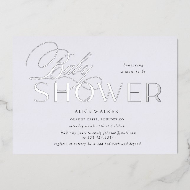 Invitation En Aluminium script moderne élégante baby shower feuille invita (Recto)