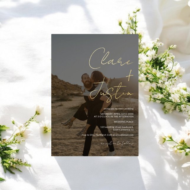 Invitation En Aluminium Script moderne noms photos mariage (Modern script names photos wedding foil invitation)