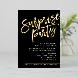 Invitation En Aluminium SCRIPT MODERNE surprise fête d'anniversaire noir o