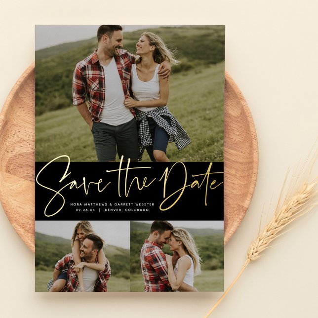 Invitation En Aluminium Script moderne tendance trois photo enregistrer la (Créateur téléchargé)