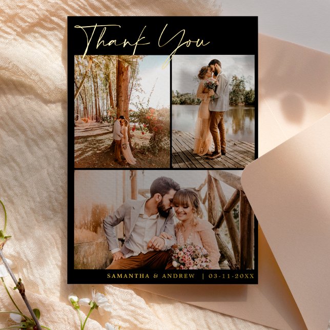 Invitation En Aluminium Script noir moderne 6 photos mariage (Créateur téléchargé)