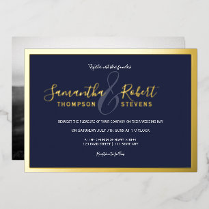 Invitation En Aluminium Script or bordure marine bleu photo mariage
