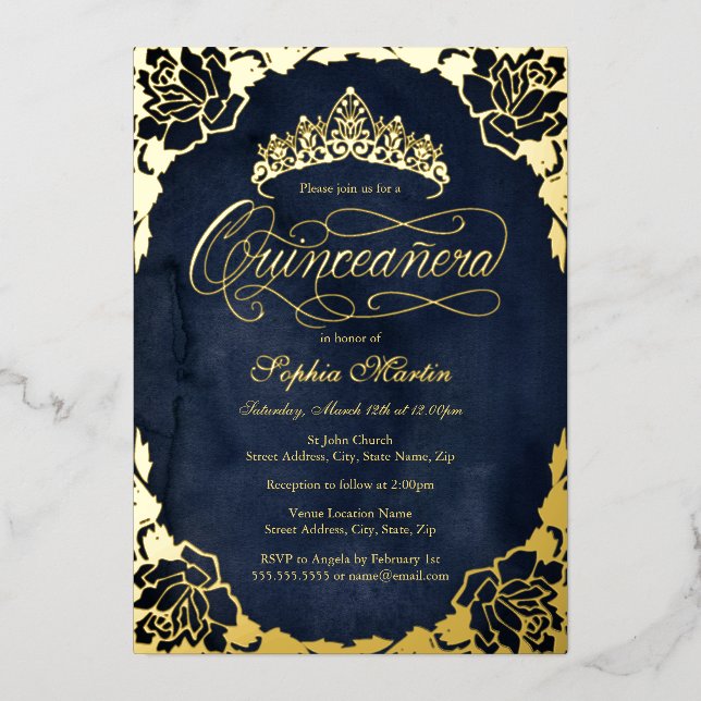 Invitation En Aluminium Script Rose élégant or de la Royal Navy Quinceaner (Recto)