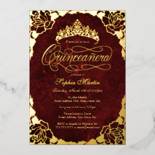 Invitation En Aluminium Script Rose élégant Royal Red Gold Quinceanera