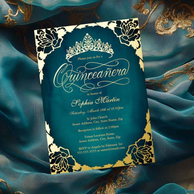 Invitation En Aluminium Script Royal Turquoise Gold élégant Quinceanera (Créateur téléchargé)