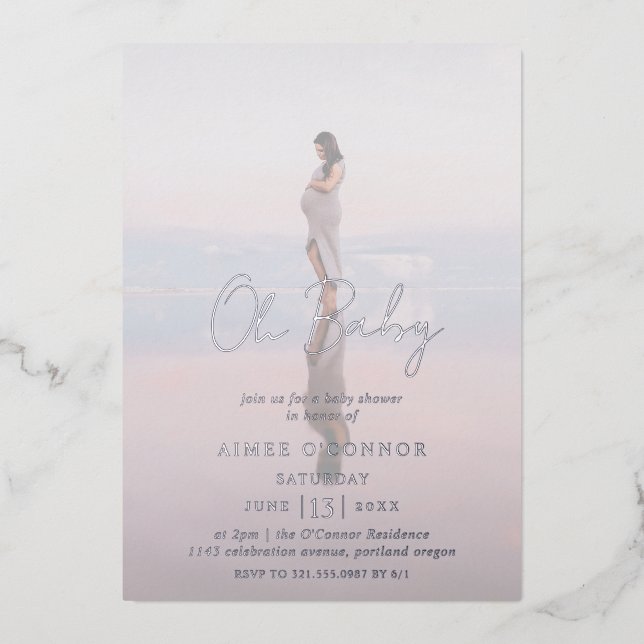 Invitation En Aluminium Script rustique Photo Baby shower moderne (Recto)