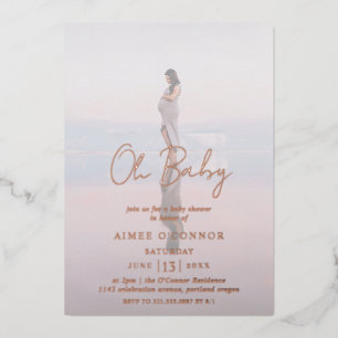Invitation En Aluminium Script rustique Photo Oh Baby shower Rose Or