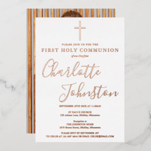 Invitation En Aluminium Script Signature Rose Gold Photo Première Communio
