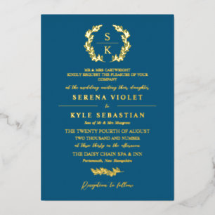 Invitation En Aluminium Sea Blue Gold Typographie Wreath Monogramme Mariag