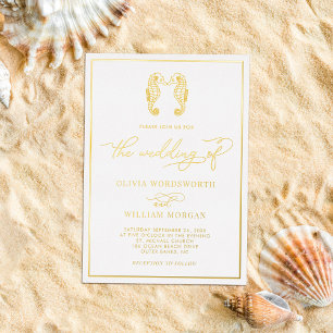 Invitation En Aluminium Seahorse Coastal Beach Élégant Mariage Script
