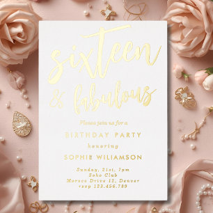 Invitation En Aluminium Seize ans et fabuleux anniversaire en doré 