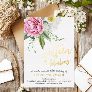 Invitation En Aluminium Seize et fabuleux pivoines or anniversaire