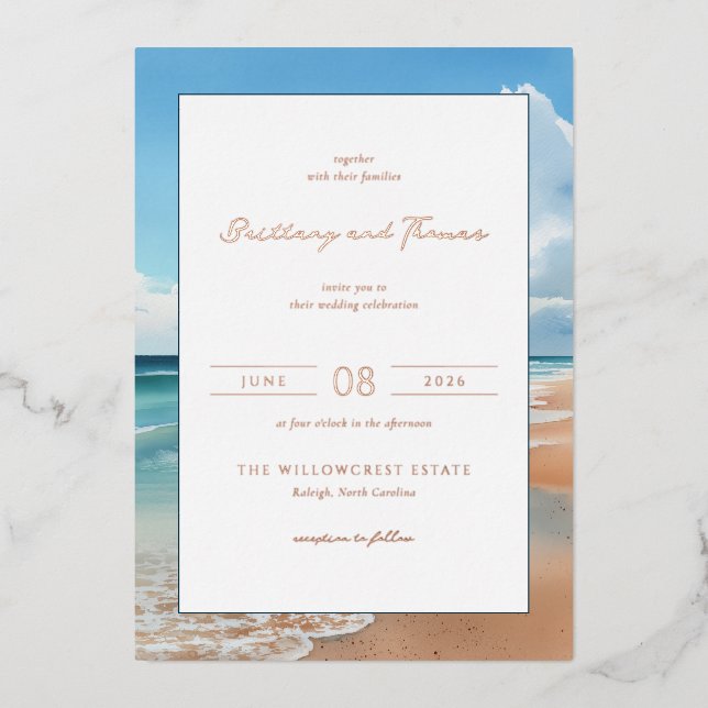 Invitation En Aluminium Serene Blue Beach Waves (Recto)