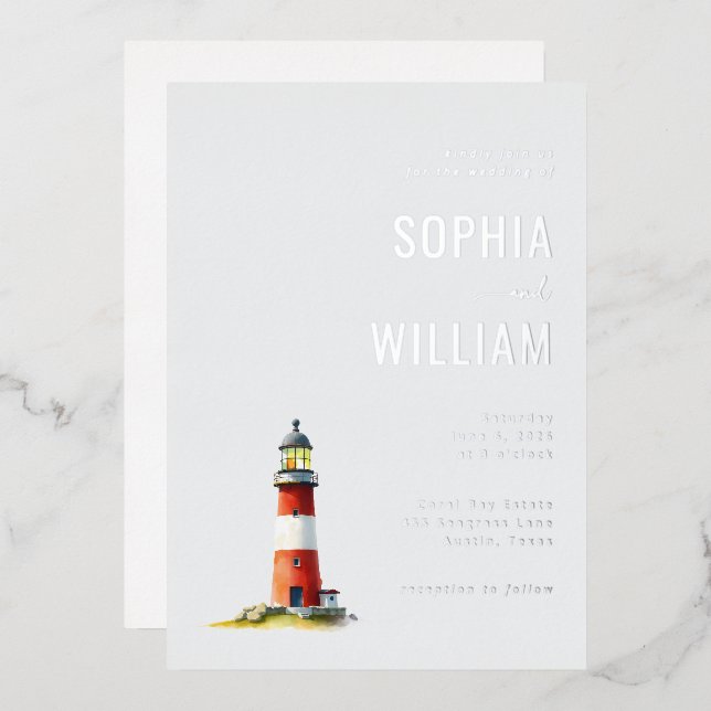 Invitation En Aluminium Serene Gray Lighthouse Nautical (Recto/Verso)