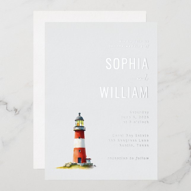 Invitation En Aluminium Serene Red Watercolor Lighthouse (Recto/Verso)