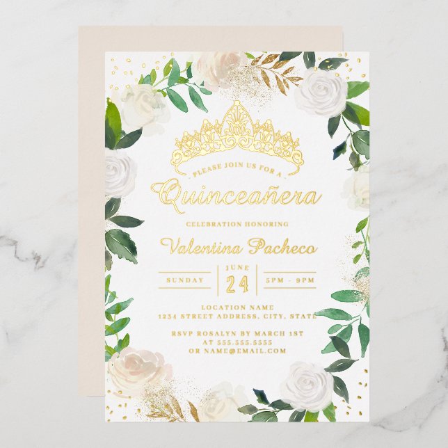 Invitation En Aluminium Serre Florale d'or Tiara Quinceanera (Recto/Verso)