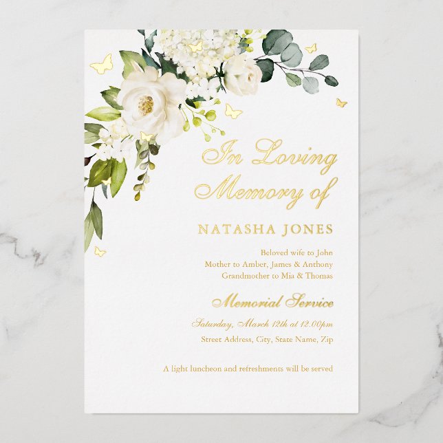 Invitation En Aluminium Service funéraire floral or (Recto)