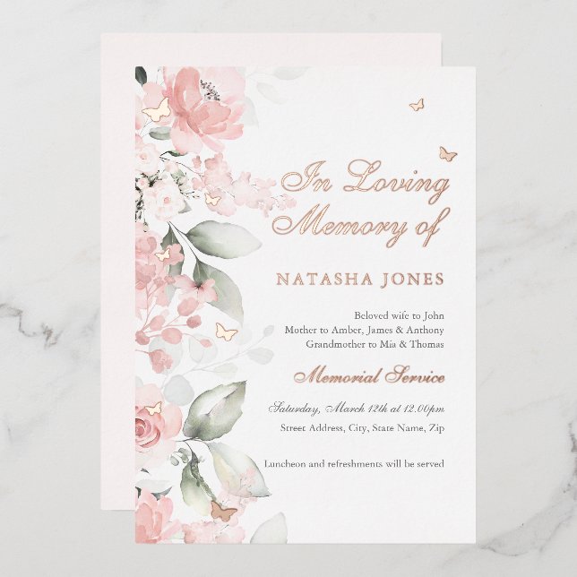 Invitation En Aluminium Service funéraire papillon floral rose (Recto/Verso)