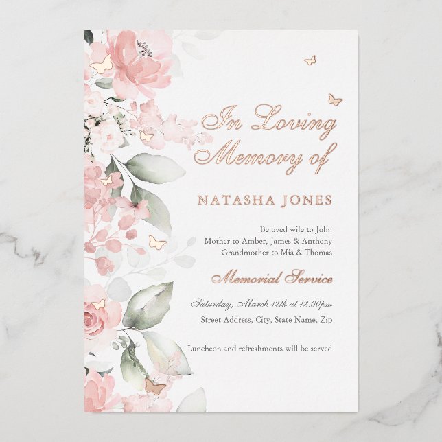 Invitation En Aluminium Service funéraire papillon floral rose (Recto)