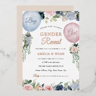Invitation En Aluminium Sexe Révéler Peau Florale Ballons rose bleu